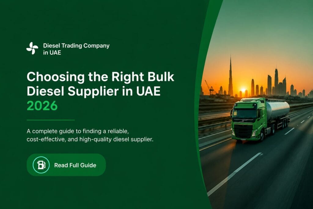 Green-themed diesel trading blog banner featuring a fuel tanker truck driving on a UAE highway with the title “Choosing the Right Bulk Diesel Supplier in UAE 2026”.