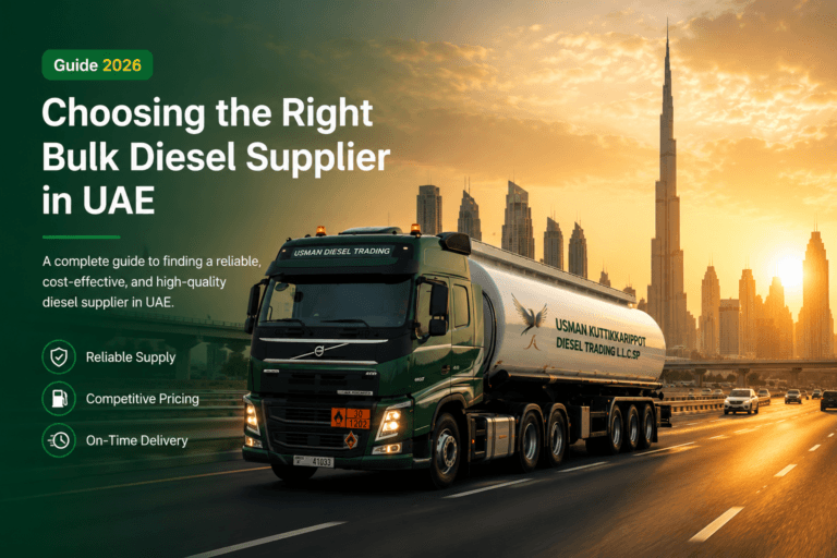 Bulk diesel supplier blog banner featuring a fuel tanker truck driving on a Dubai highway during sunset with UAE skyline background and green corporate design.
