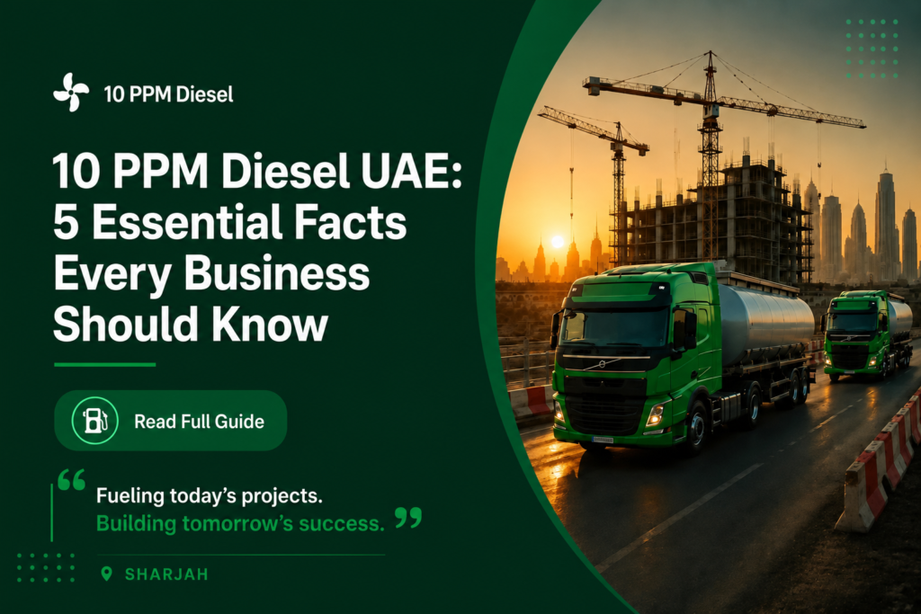 Green promotional poster for 10 PPM Diesel UAE featuring fuel tanker trucks at a construction site with the heading, “10 PPM Diesel UAE: 5 Essential Facts Every Business Should Know.