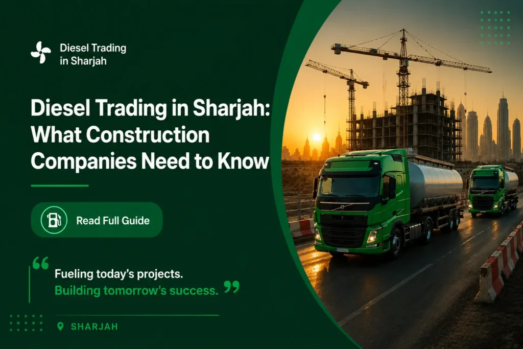 Diesel trading in Sharjah - bulk diesel tanker delivering fuel to a construction site with cranes in the background