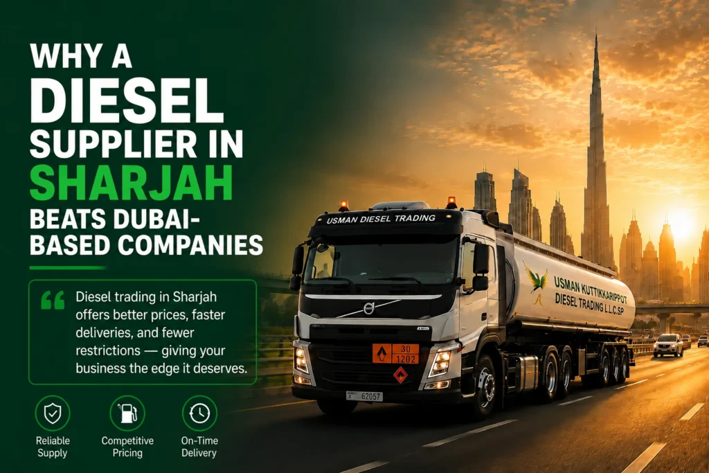 Professional promotional poster featuring a white diesel tanker truck driving on a UAE highway at sunset with the Dubai skyline in the background. Bold headline reads “Why a Diesel Supplier in Sharjah Beats Dubai-Based Companies,” highlighting benefits such as reliable supply, competitive pricing, and on-time delivery.