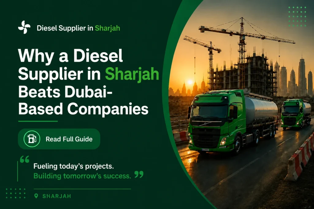 Green-themed diesel supplier poster featuring fuel tanker trucks driving past a large construction site at sunset in Sharjah, UAE. The design highlights the headline “Why a Diesel Supplier in Sharjah Beats Dubai-Based Companies,” with industrial cranes, a modern city skyline, and a professional diesel supply and logistics theme.