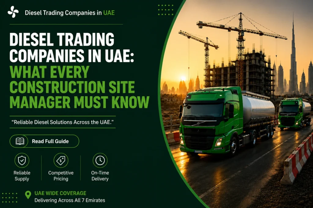 Diesel trading companies in UAE promotional graphic featuring a modern fuel tanker truck driving through Dubai with the Burj Khalifa skyline at sunset. The image highlights reliable diesel supply, competitive pricing, and on-time fuel delivery for construction sites, with the headline: "Diesel Trading Companies in UAE: What Every Construction Site Manager Must Know