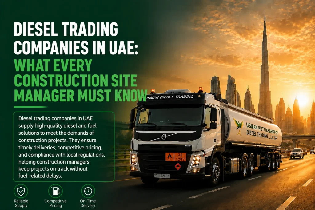 Professional promotional graphic for diesel trading companies in UAE featuring a modern diesel tanker truck driving on a Dubai highway with the Burj Khalifa and city skyline at sunset. The design emphasizes reliable diesel supply, competitive pricing, and on-time fuel delivery for construction sites, logistics, and industrial businesses across the UAE.
